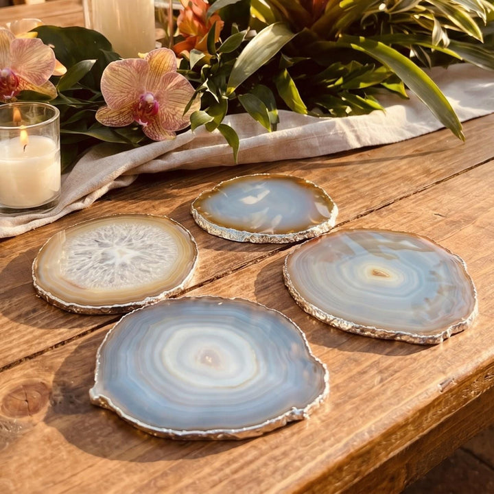 Natural Grey Brown Agate Slice Coasters Silver Edges