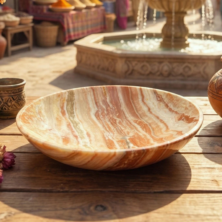 Brown Banded Calcite Stone Bowl Carving (6 Inches)