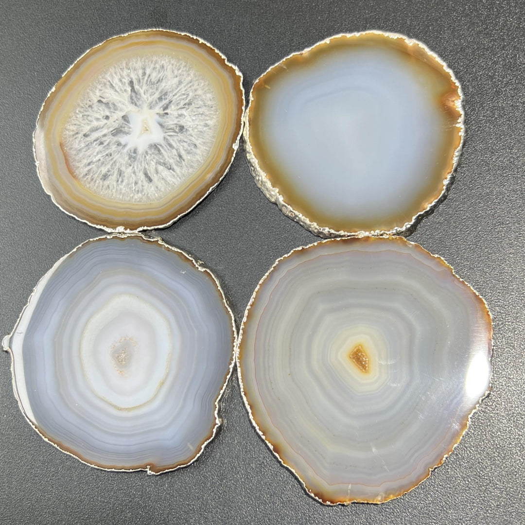 Natural Grey Brown Agate Slice Coasters Silver Edges