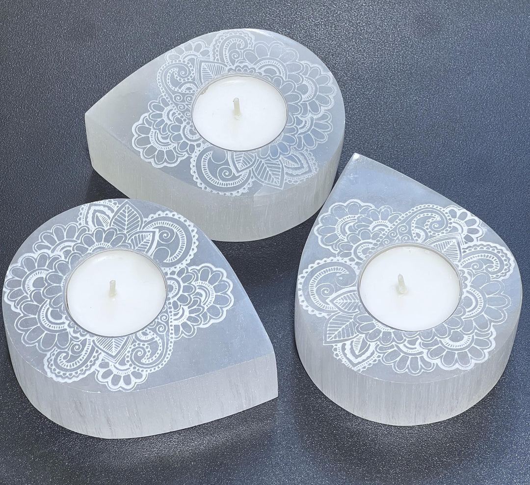Selenite Satin Spar Crystal Mandala Tealight Candle Carving