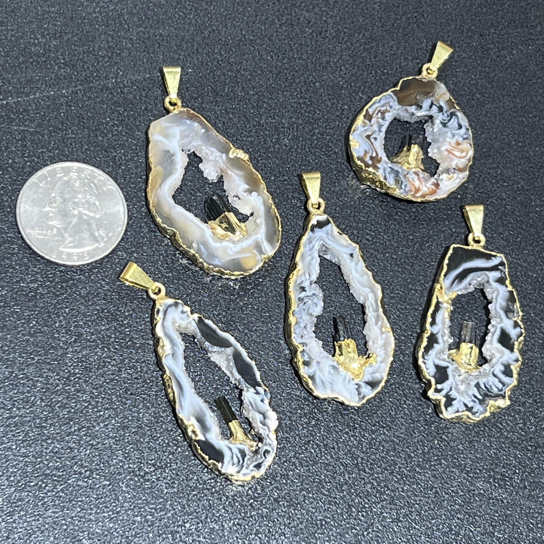 Oco Geode Druzy with Tourmaline Crystal Point Pendant (Gold Dipped)