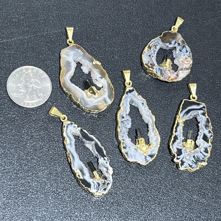 Oco Geode Druzy with Tourmaline Crystal Point Pendant (Gold Dipped)