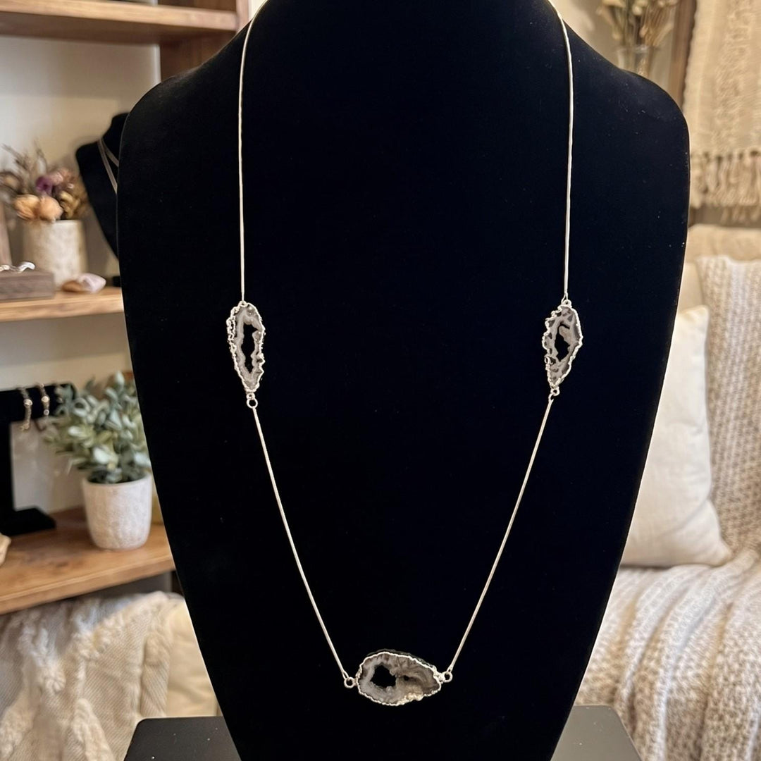 Oco Geode Druzy Crystal Long 35 Inch Necklace with Pendant (Silver Plated Snake Chain)