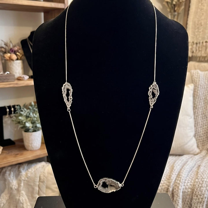 Oco Geode Druzy Crystal Long 35 Inch Necklace with Pendant (Silver Plated Snake Chain)