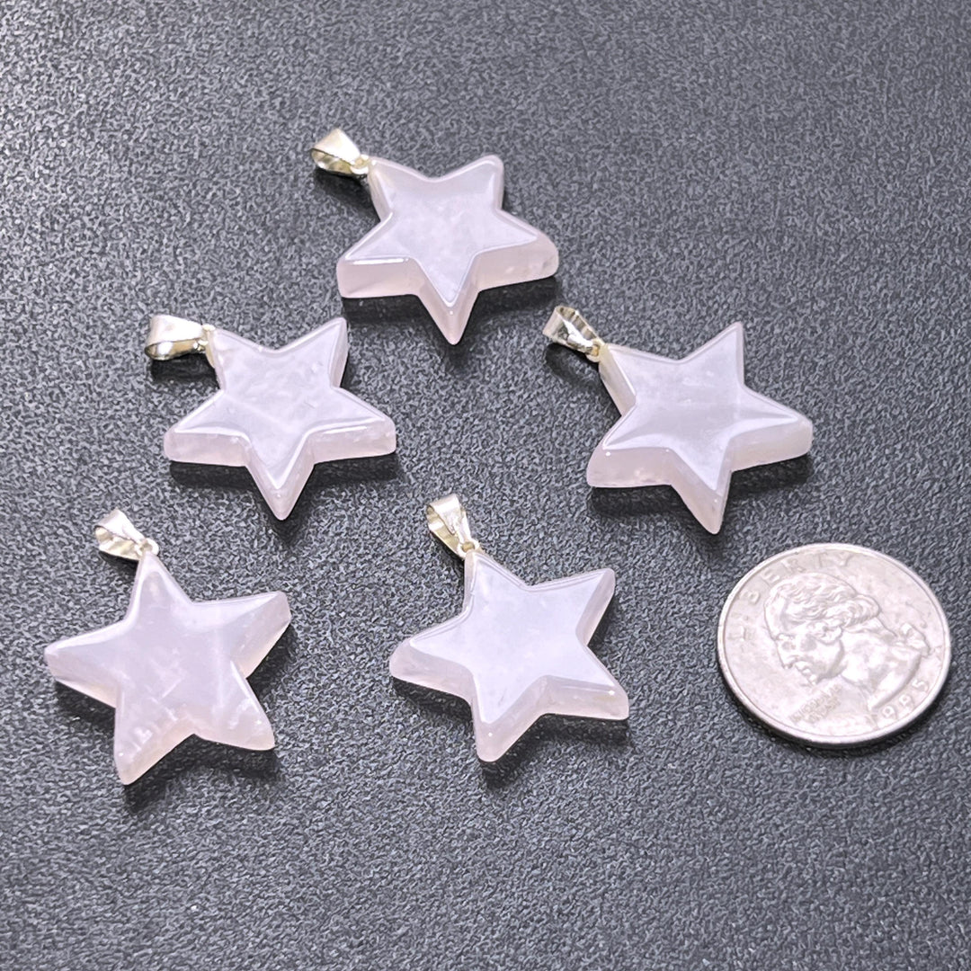 Pink Rose Quartz Crystal Star Pendant Silver Plated Bail