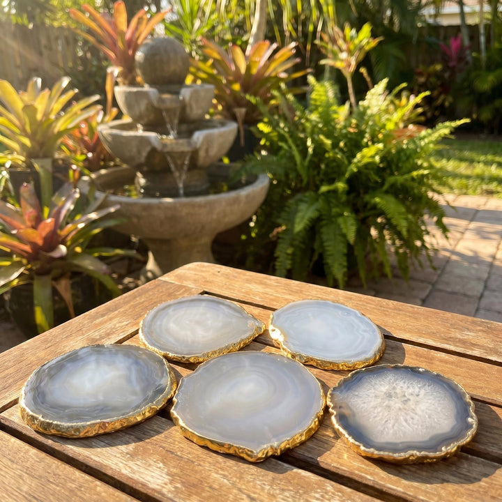 Gold Plated Gray Agate Slices (3 Inches) Coasters Escort Place Cards Painting Blanks