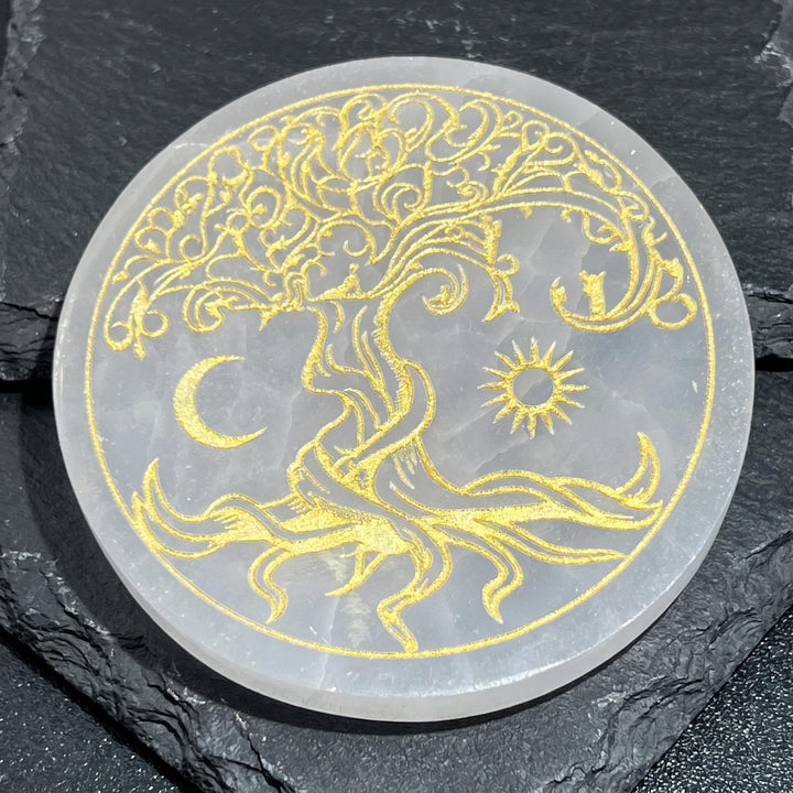 Selenite Satin Spar Crystal Gold Engraved Tree Of Life Round Circle Plate Carving