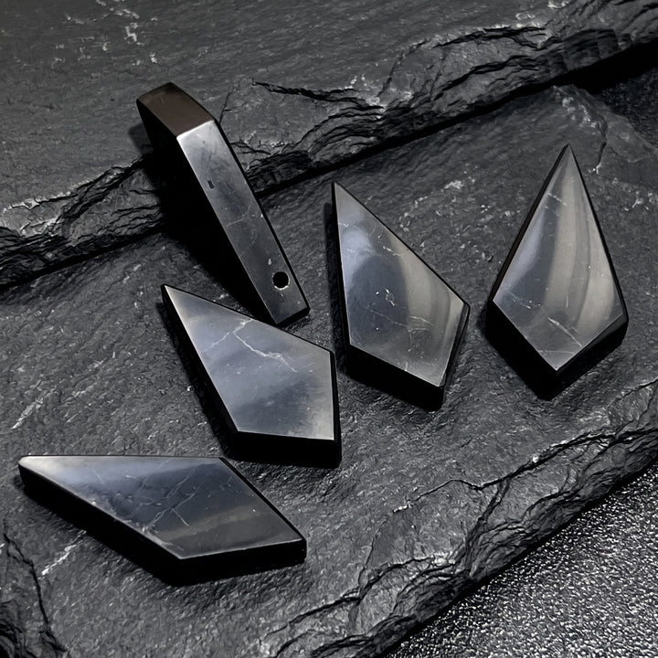 Black Shungite Diamond Crystal Point Drilled Hole Beads Pendant