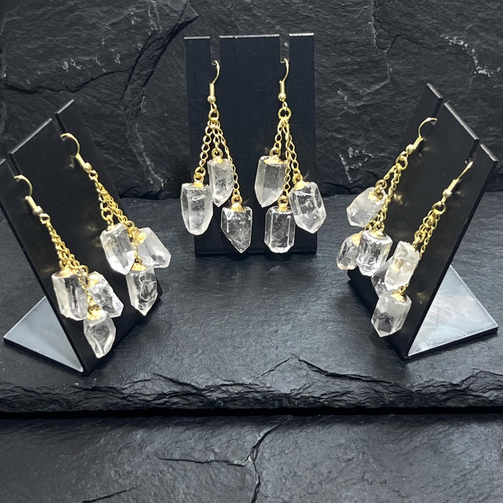 Long Quartz Triple Crystal Earrings Pair (Gold Stainless Hooks)