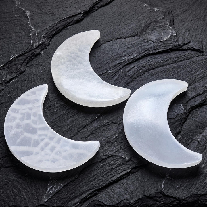 Selenite Satin Spar Crystal Crescent Moon Plate Carving (6 Inches)