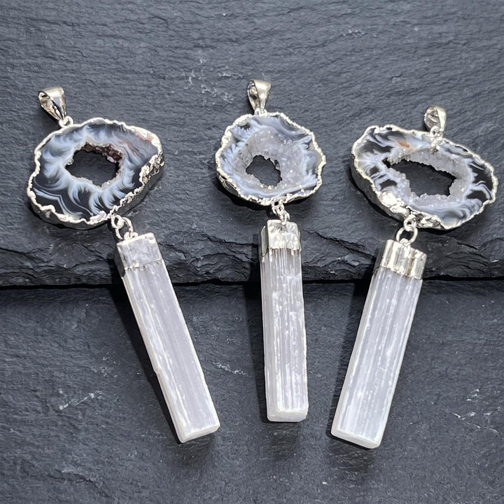 Selenite and Geode Crystal Pendant (Silver Plated)