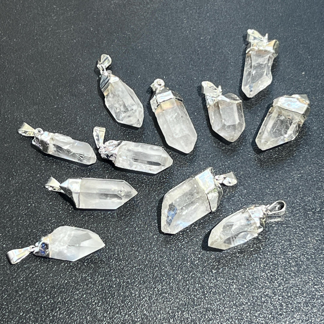 Brazilian Quartz Crystal Point Pendant Petite Electroplated Silver