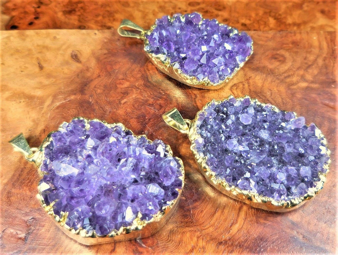 Druzy Amethyst Crystal Gold Plated  Pendant Necklace Charm