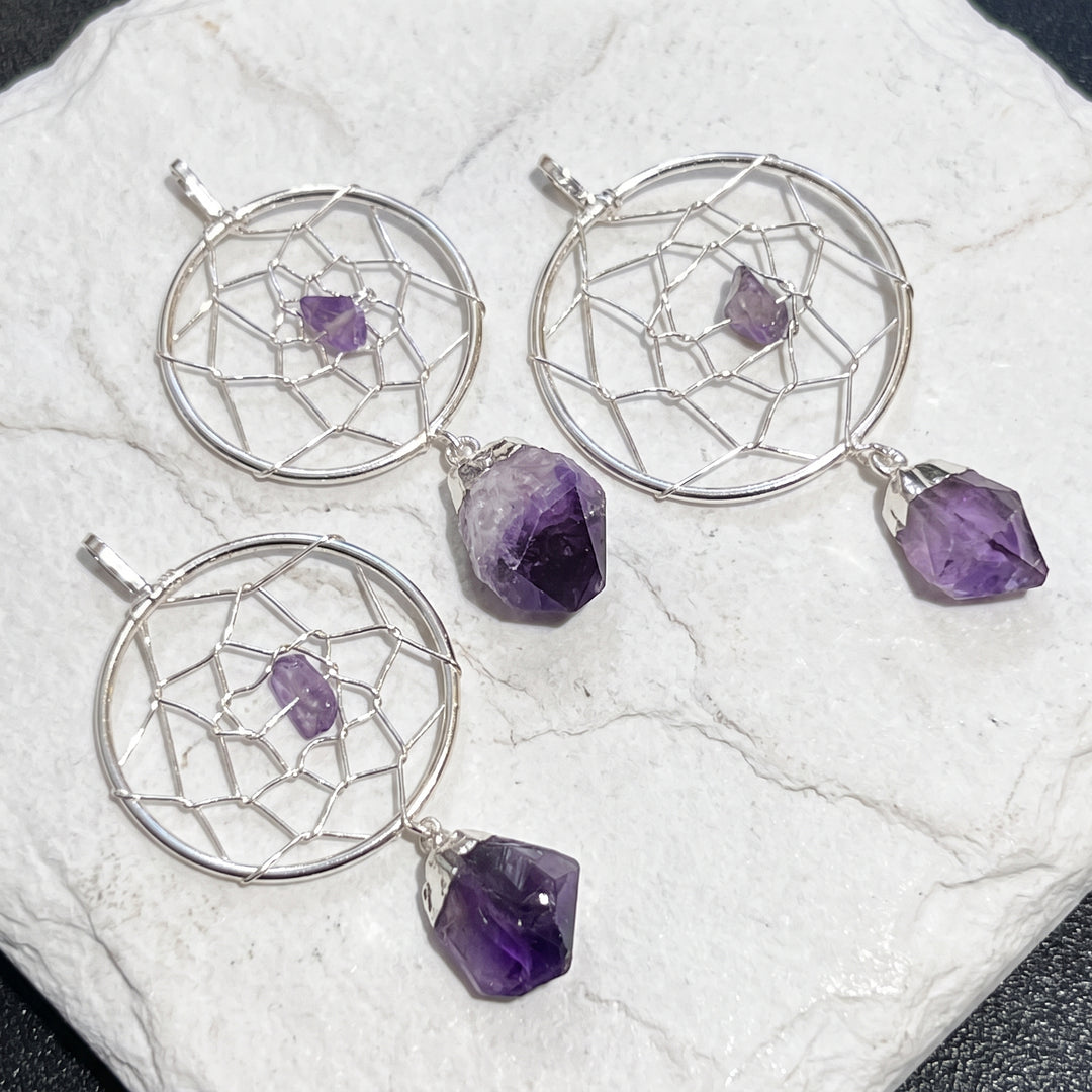 Dreamcatcher Pendant (Amethyst Crystal)(Silver Plated)