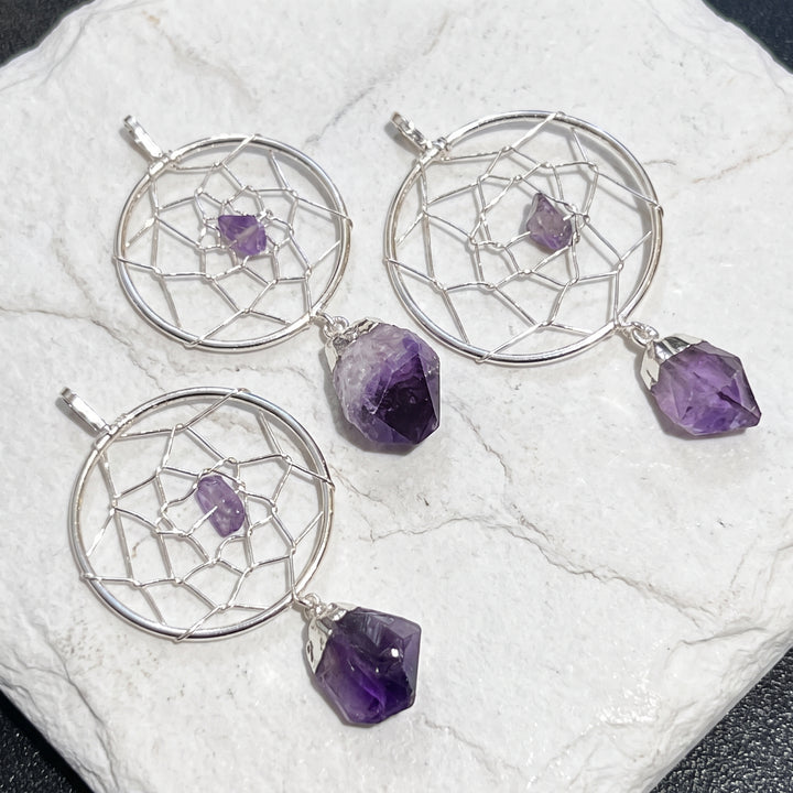 Dreamcatcher Pendant (Amethyst Crystal)(Silver Plated)