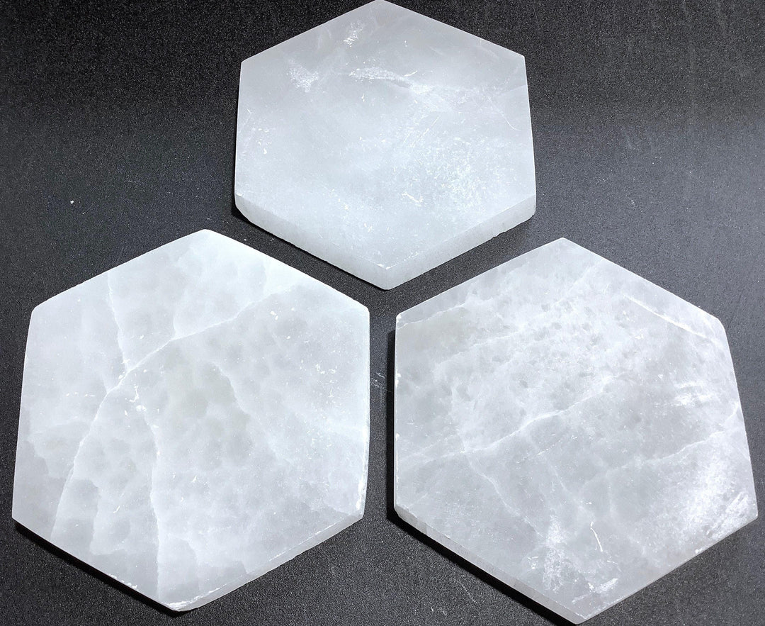 Selenite Satin Spar Crystal Hexagon Plate Carving