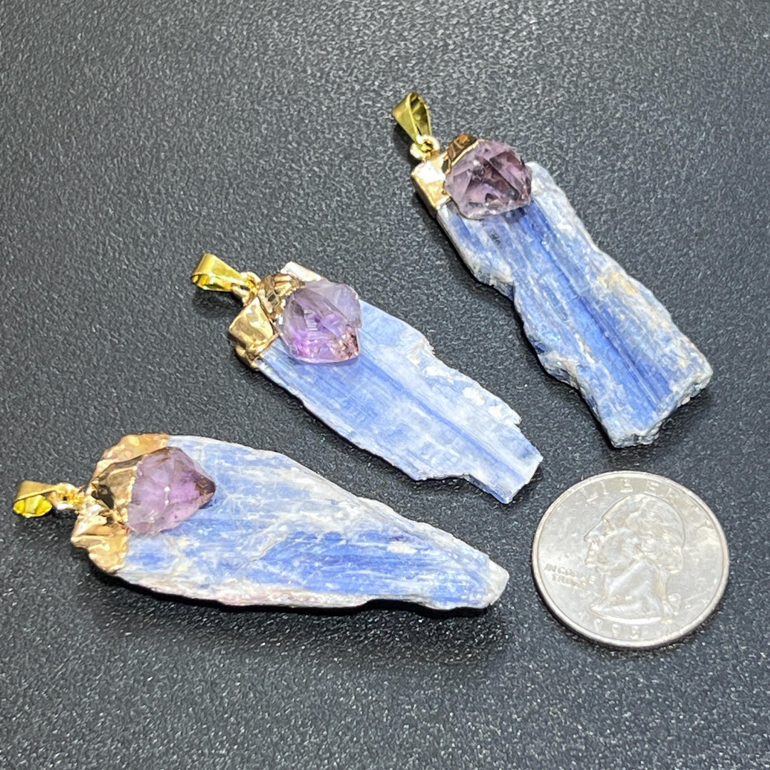 Kyanite And Amethyst Crystal Pendant (Gold Electroplated)