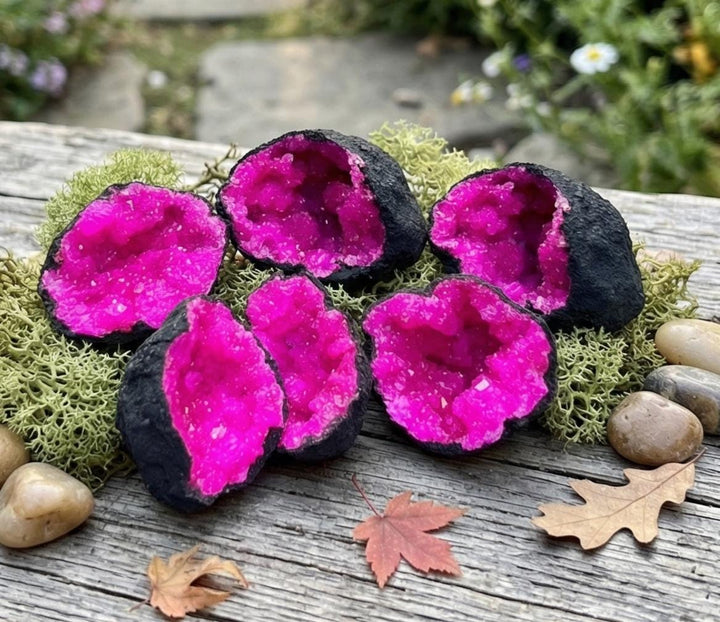 Matching Broken Quartz Aura Crystal Rough Geode Pairs with Dyed Pink Coating