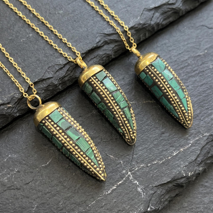 Tibetan Horn Pendant Faux Malachite Brass (Free 30" Chain)