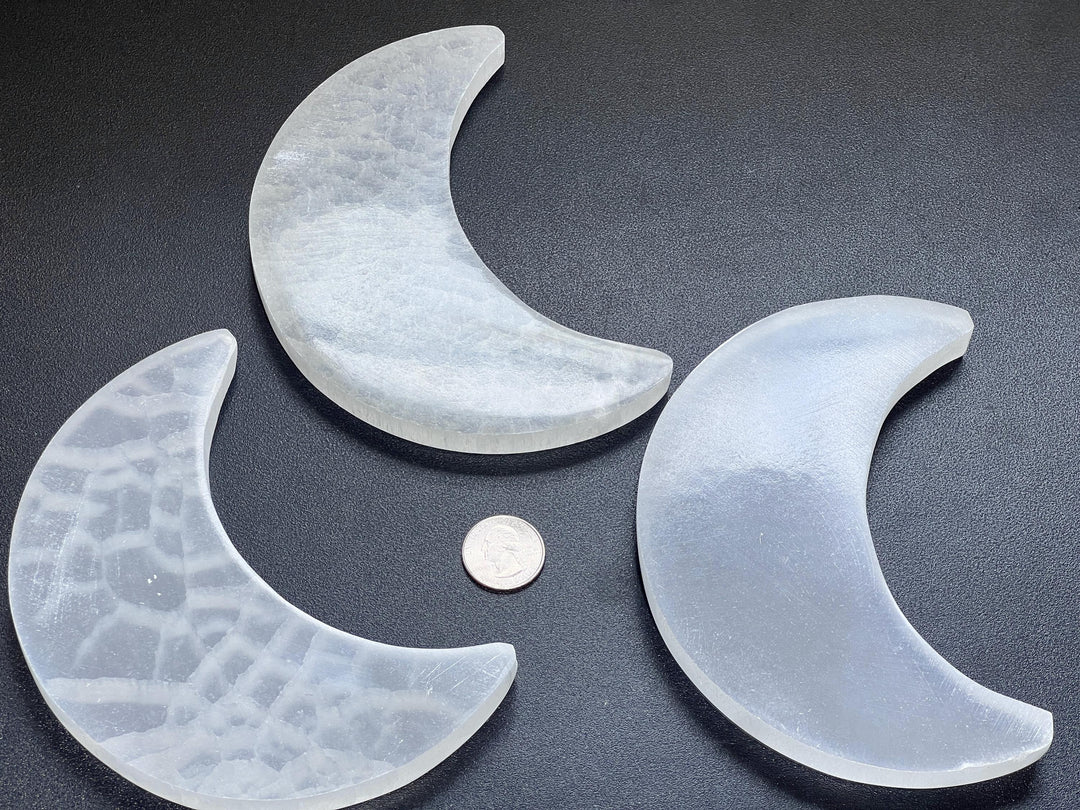 Selenite Satin Spar Crystal Crescent Moon Plate Carving (6 Inches)