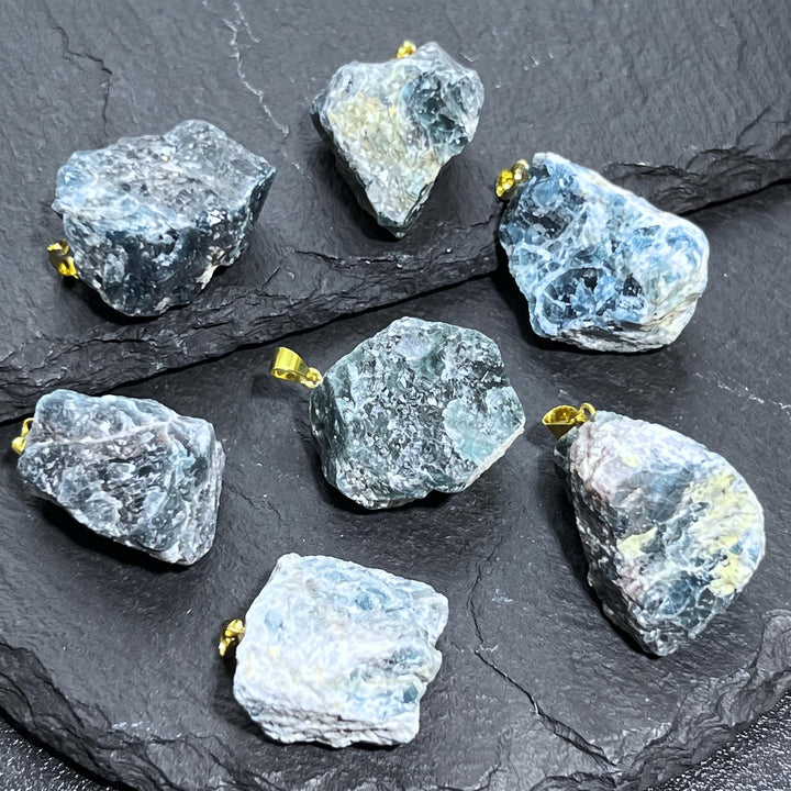 Blue Apatite Rough Raw Crystal Pendant (Gold Bail)