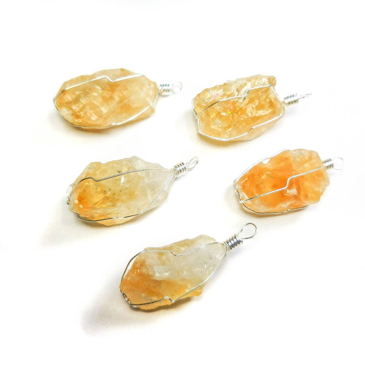 Bulk Wholesale Lot Of 5 Pieces Wire Wrapped Raw Citrine Crystal Pendant Silver Necklace Charm Bead Jewelry Supply