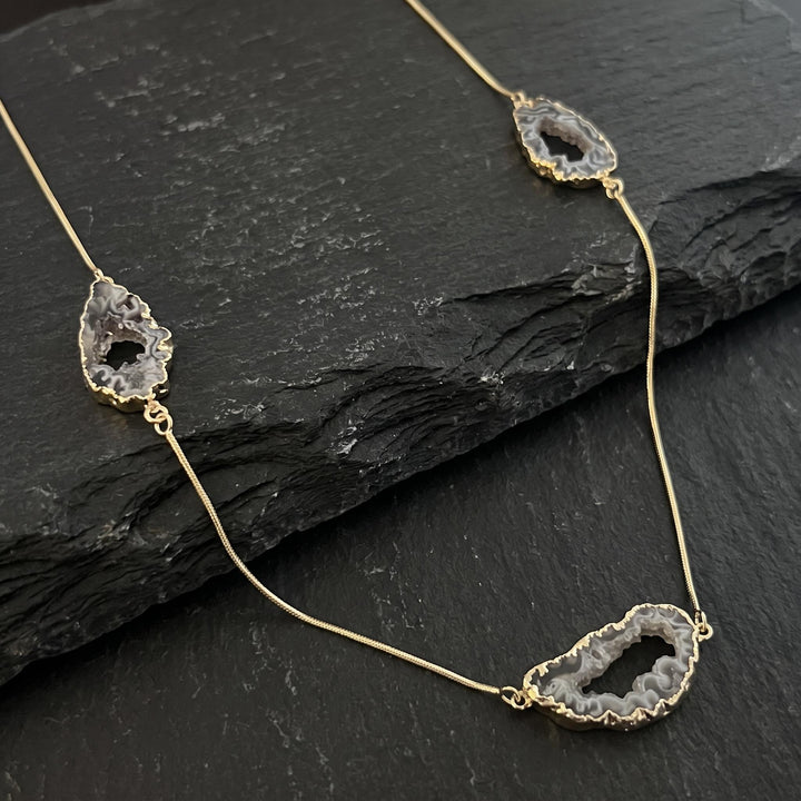 Oco Geode Druzy Crystal Long 35 Inch Necklace with Pendant (Gold Plated Snake Chain)