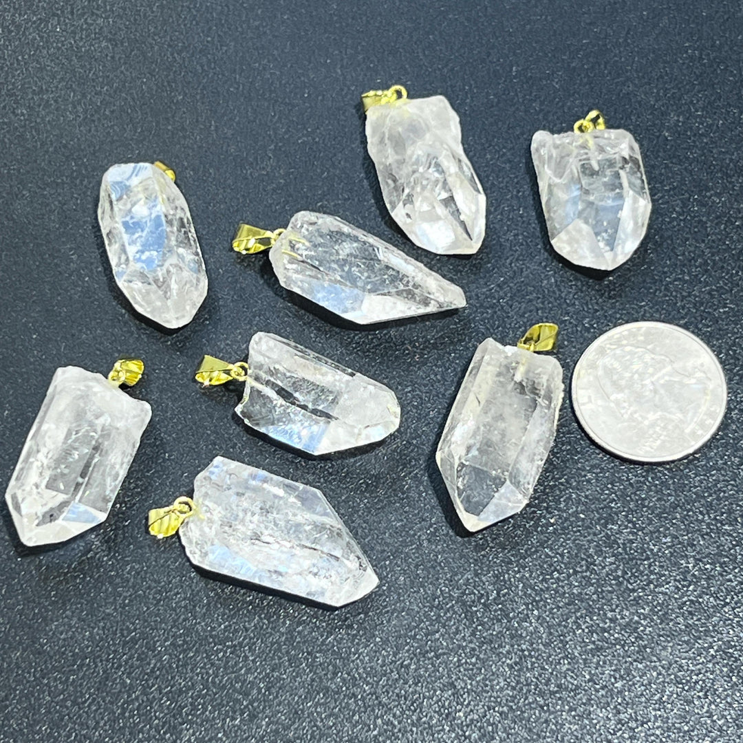 Small Petite Brazilian Quartz Crystal Point Pendant Gold Bail