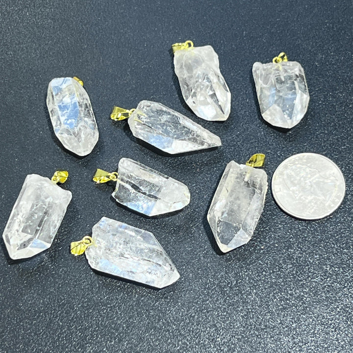 Small Petite Brazilian Quartz Crystal Point Pendant Gold Bail