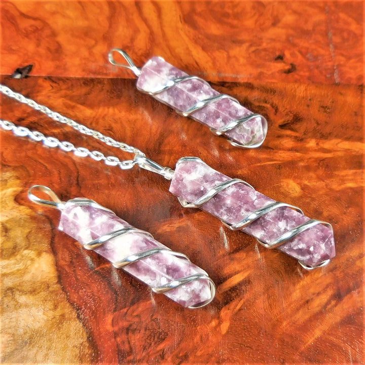 Lepidolite Necklace - Natural Gemstone Point Pendant - Silver Spiral Wire Wrapped Crystal CR4