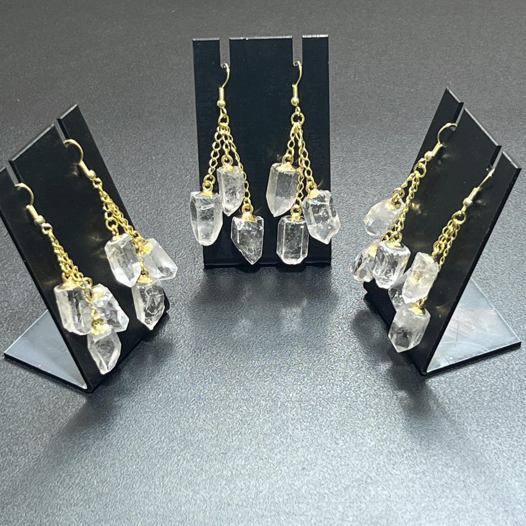 Long Quartz Triple Crystal Earrings Pair (Gold Stainless Hooks)