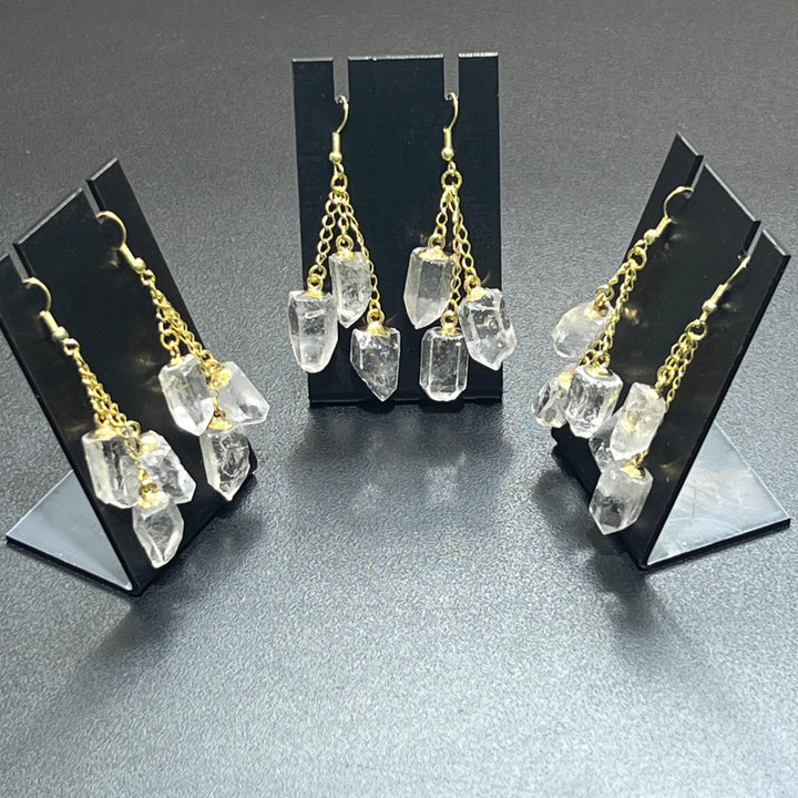 Long Quartz Triple Crystal Earrings Pair (Gold Stainless Hooks)
