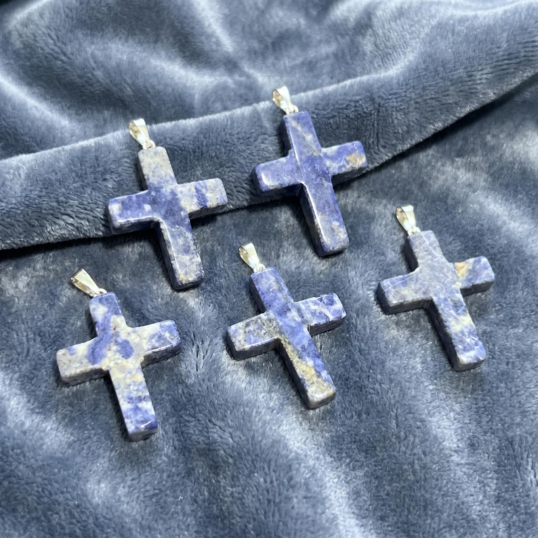 Blue Sodalite Crystal Cross Pendant (Silver Bail)