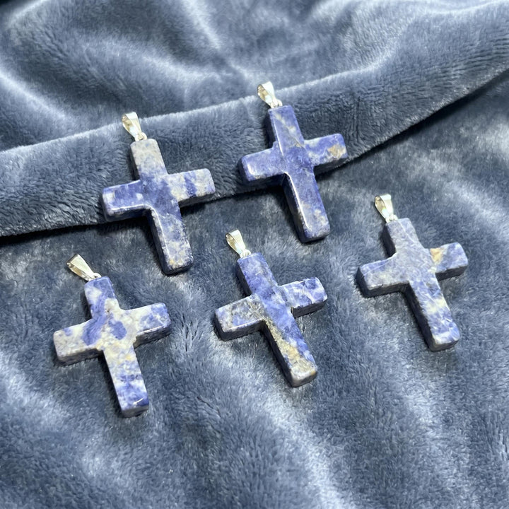 Blue Sodalite Crystal Cross Pendant (Silver Bail)