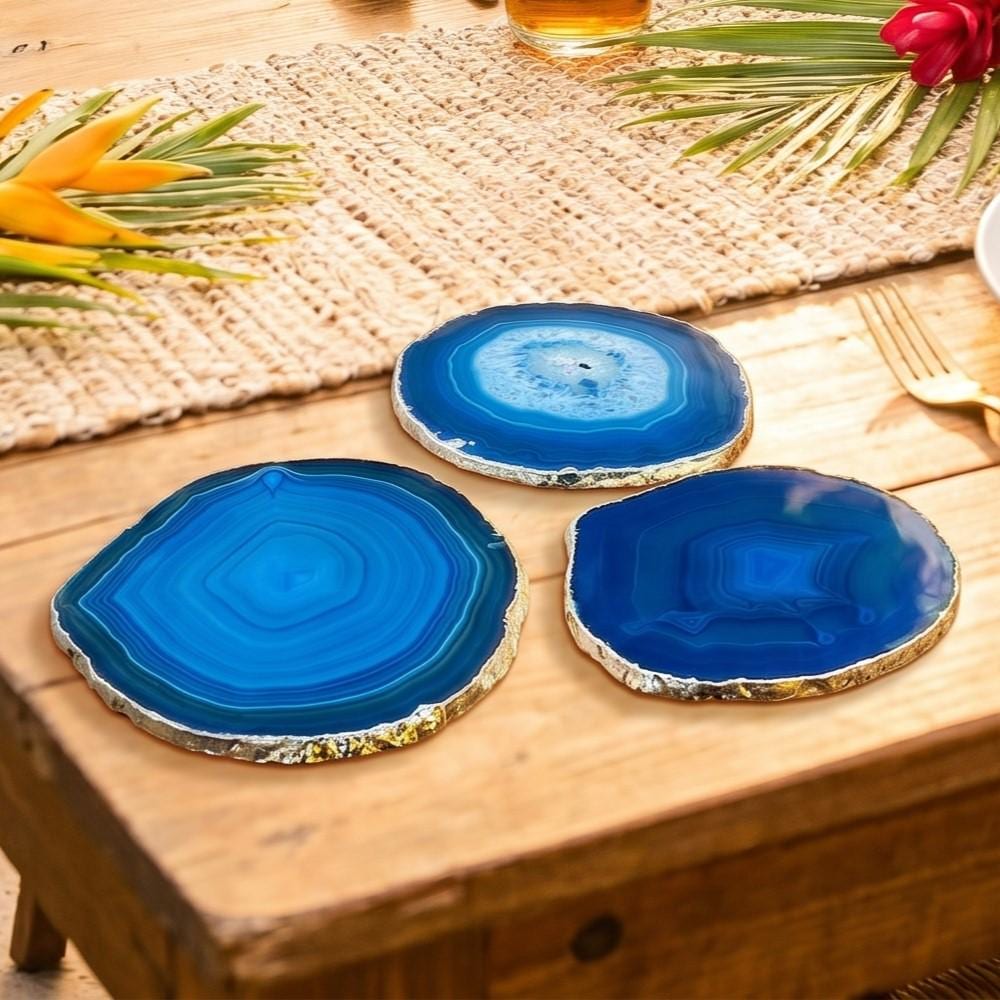 Blue Agate Slice Coasters Silver Dipped Plated Edges Place Cards