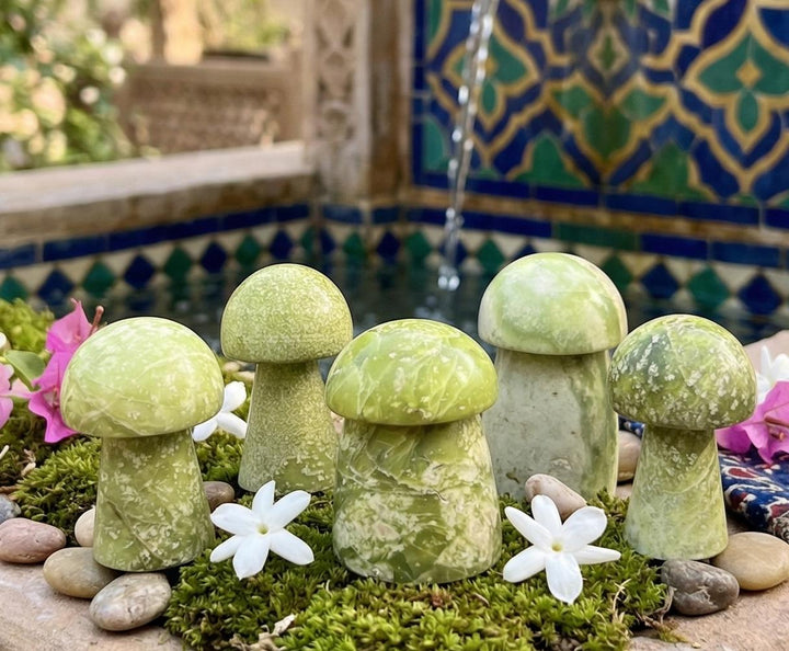 Green Serpentine Crystal Mushroom Carving