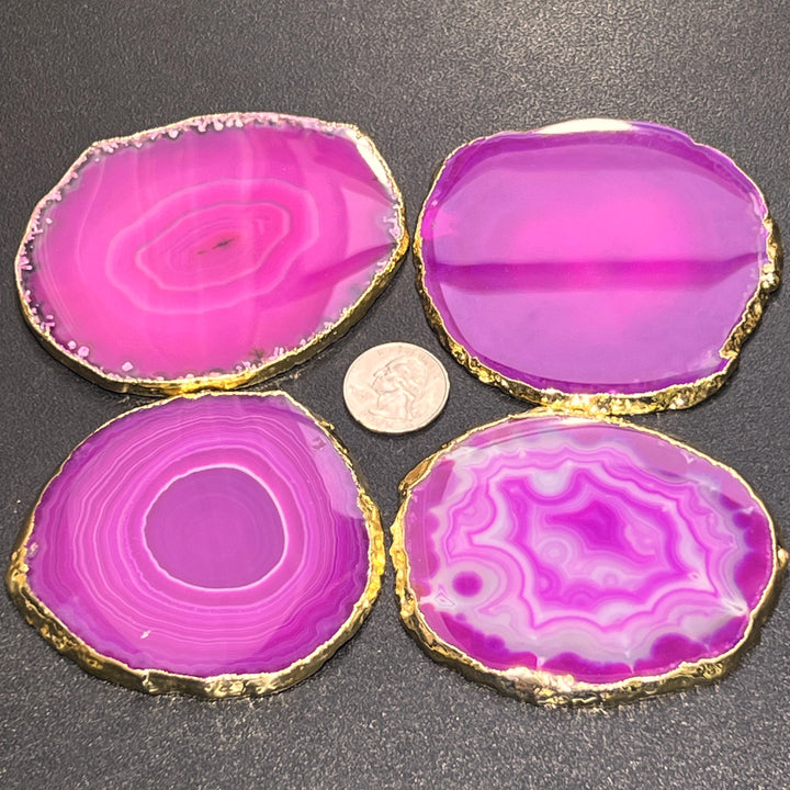 Gold Plated Pink Agate Slices (3 Inches) Coasters Escort Place Cards Painting Blanks
