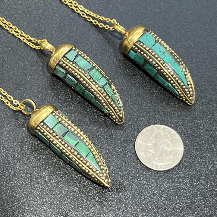 Tibetan Horn Pendant Faux Malachite Brass (Free 30" Chain)
