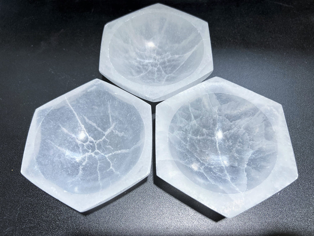 Wholesale Bulk Lot 3 Pack Of Selenite Crystal Hexagon Bowl Crystal Dish Charging Plate