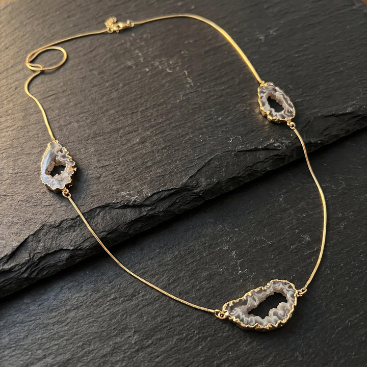 Oco Geode Druzy Crystal Long 35 Inch Necklace with Pendant (Gold Plated Snake Chain)
