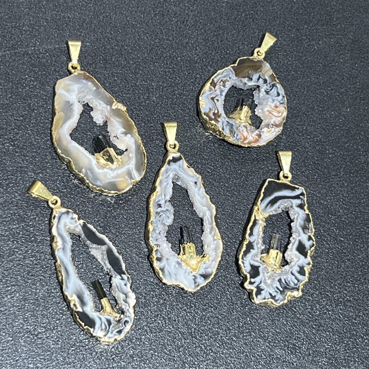 Oco Geode Druzy with Tourmaline Crystal Point Pendant (Gold Dipped)