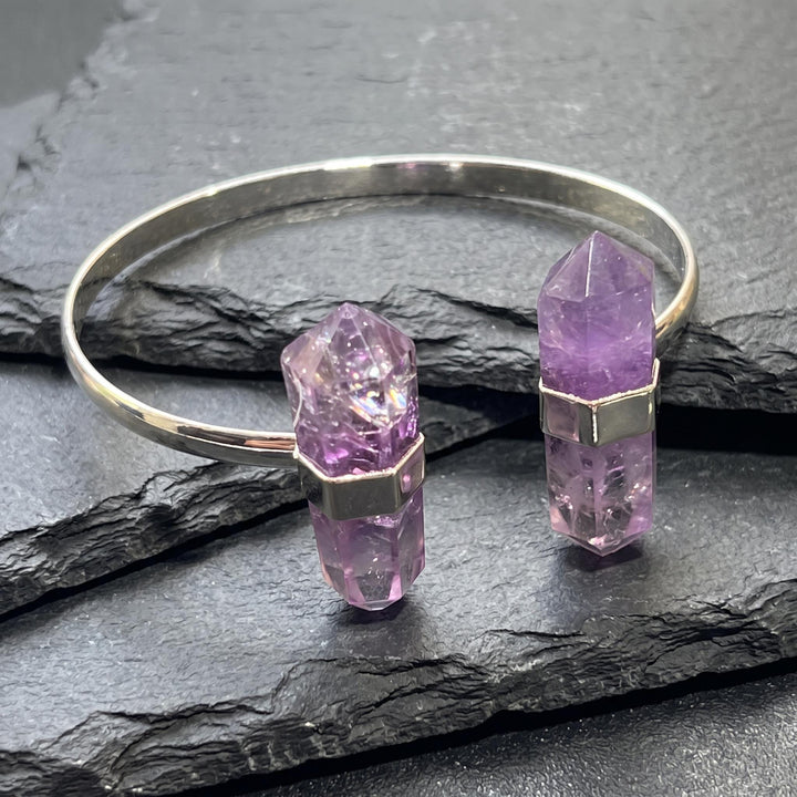 Amethyst Crystal Point Adjustable Cuff Bangle Bracelet (Silver Electroplated)