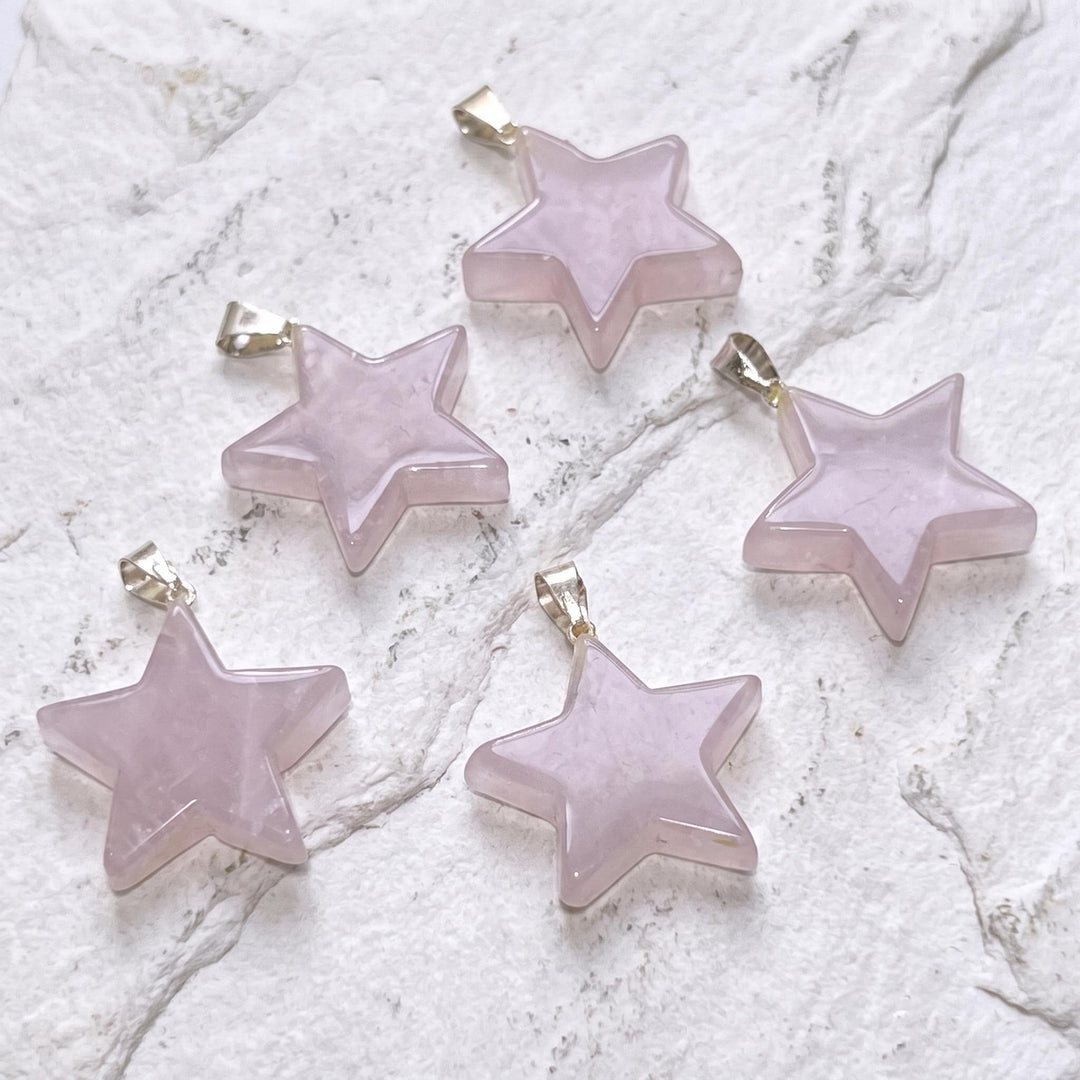Pink Rose Quartz Crystal Star Pendant Silver Plated Bail