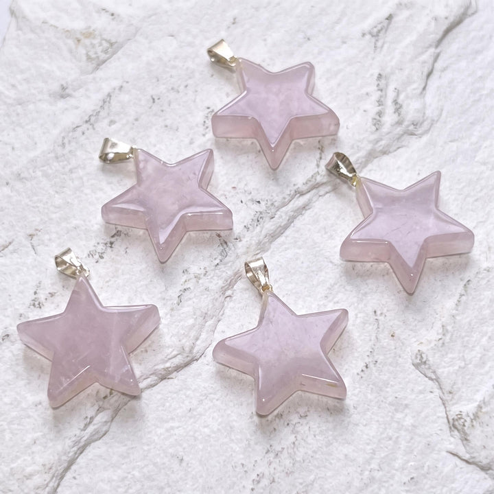 Pink Rose Quartz Crystal Star Pendant Silver Plated Bail