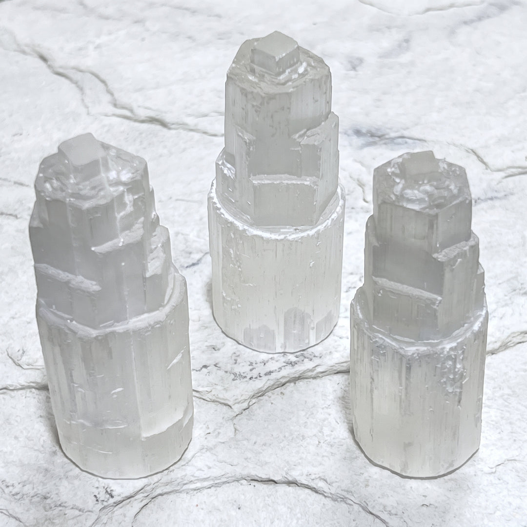 Selenite Satin Spar Crystal Standing Tower Carving (4 Inch)