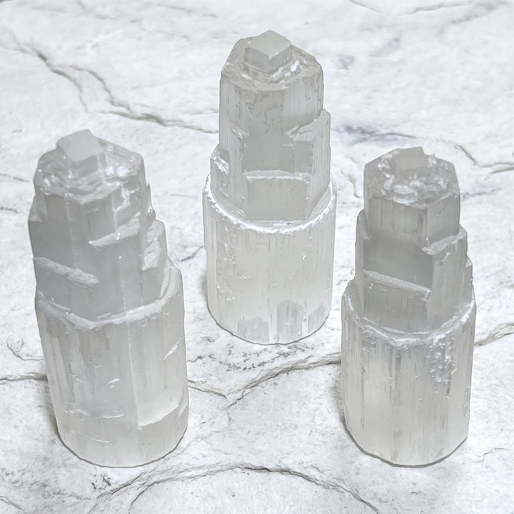 Selenite Satin Spar Crystal Standing Tower Carving (4 Inch)