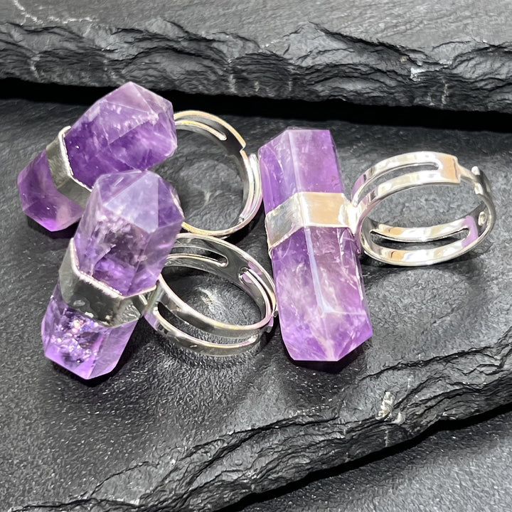Amethyst Double Terminated Crystal Adjustable Ring (Silver Plated)