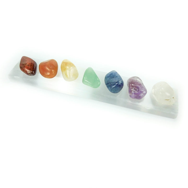 7 Tumbled Crystal Stone Collection Chakra Set On Selenite Crystal Reiki Healing Crystals And Stones