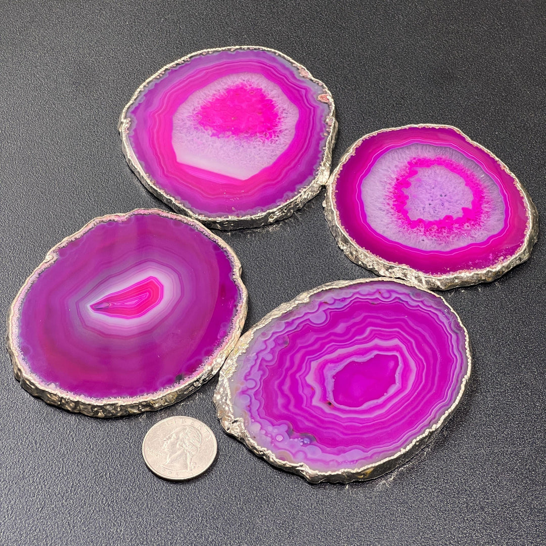 Pink Agate Slice Coasters Silver Dipped Plated (3 to 3.5 Inches)