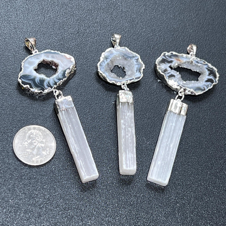 Selenite and Geode Crystal Pendant (Silver Plated)